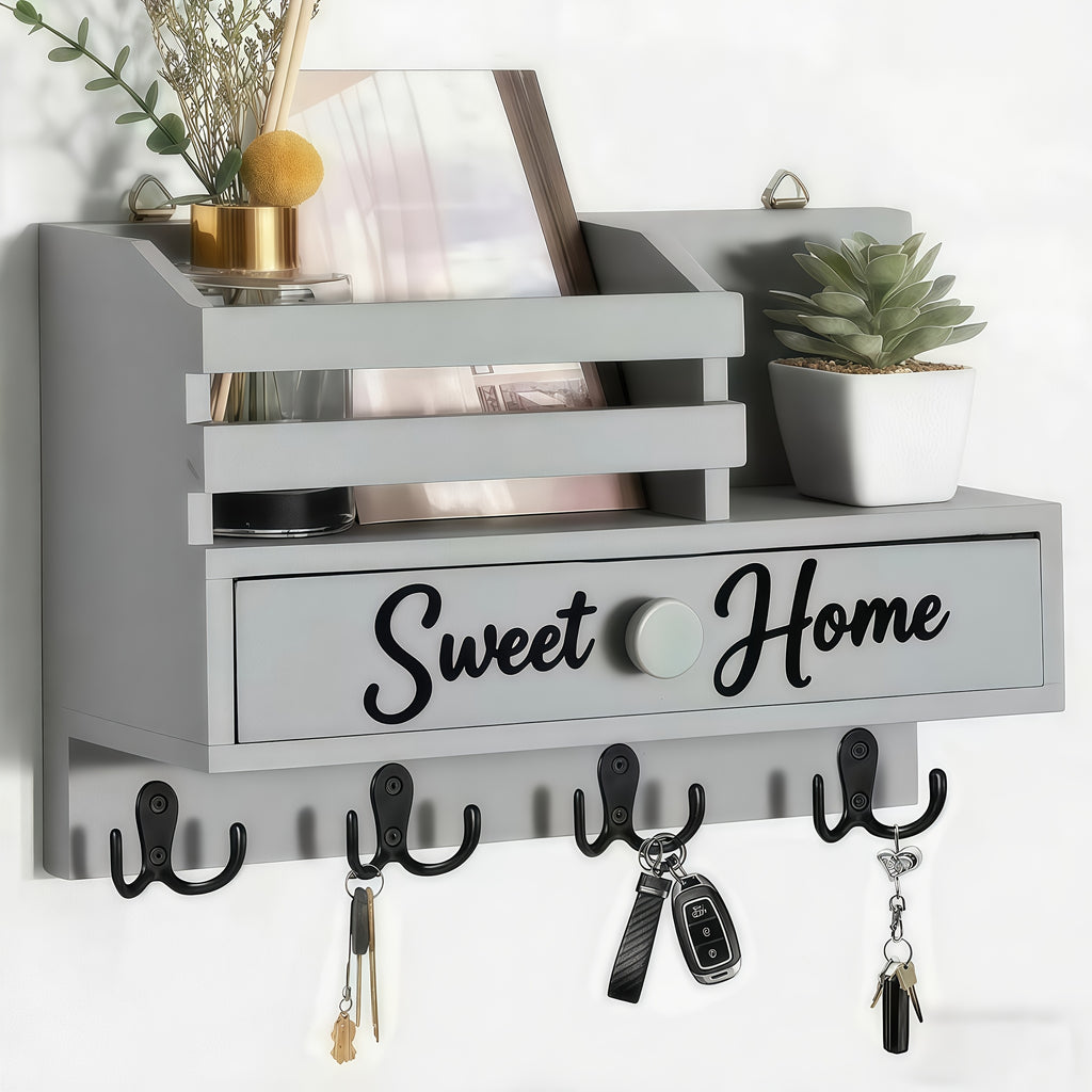 8-Hook Wall-Mounted Key & Mail Holder with Storage Drawer – Rustic Wood Entryway Organizer for Kitchen, Mudroom & Office, Adhesive Paintable Hooks, Space-Saving Easy Install