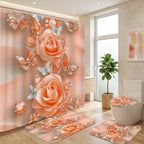 Flower Shower Curtain Set 4pcs – Abstract Floral Bathroom Curtain with 12 Hooks, Bath Mat, U-Shape Mat & Toilet Seat Cover, Modern Bathroom Decor