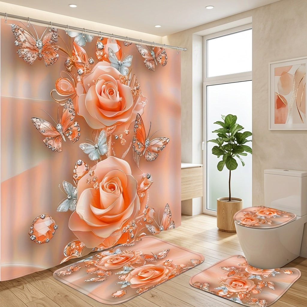 Flower Shower Curtain Set 4pcs – Abstract Floral Bathroom Curtain with 12 Hooks, Bath Mat, U-Shape Mat & Toilet Seat Cover, Modern Bathroom Decor