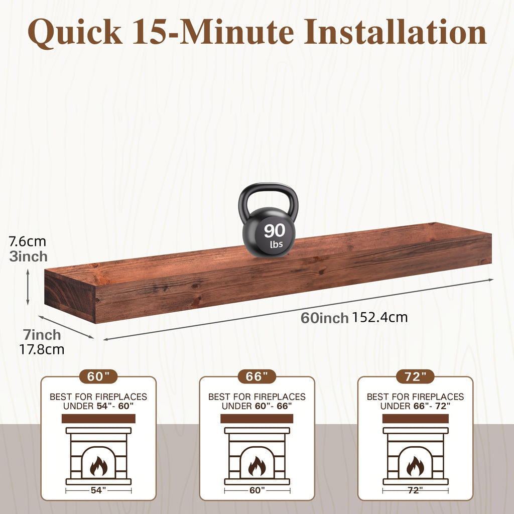 Wood Fireplace Mantel Floating Shelf – Heavy Duty Invisible Bracket | Wall Mounted Mantel for Over Fireplace | 5 Colors, 2 Lengths