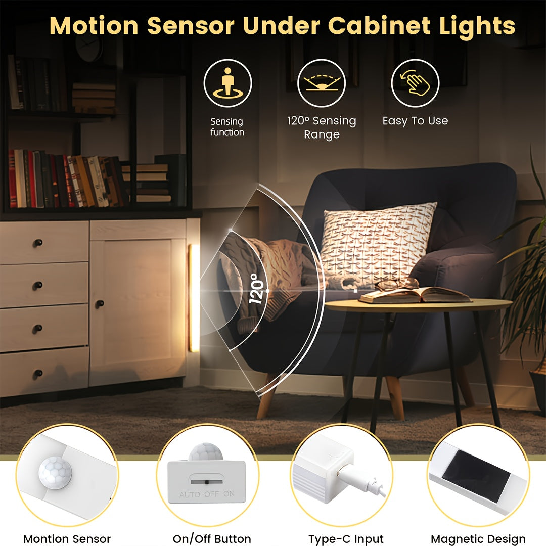 LED Motion Sensor Cabinet Lights 6-Pack, USB Rechargeable Magnetic Indoor Night Light Strips for Stairs, Shelves & Closets – 3.94in / 7.87in / 11.81in