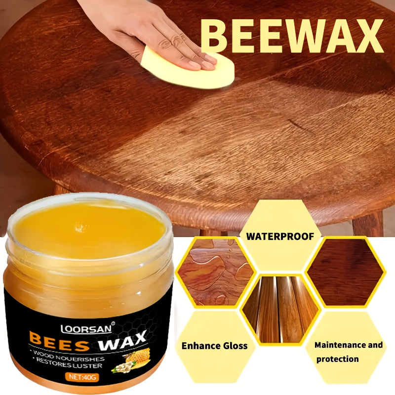 Beeswax Wood Furniture Polish & Protector with Sponge, Natural Bee Oil for Wooden Furniture Floor Maintenance Anti-Crack & Shine Restoration, 40g All-Wood Surface Care