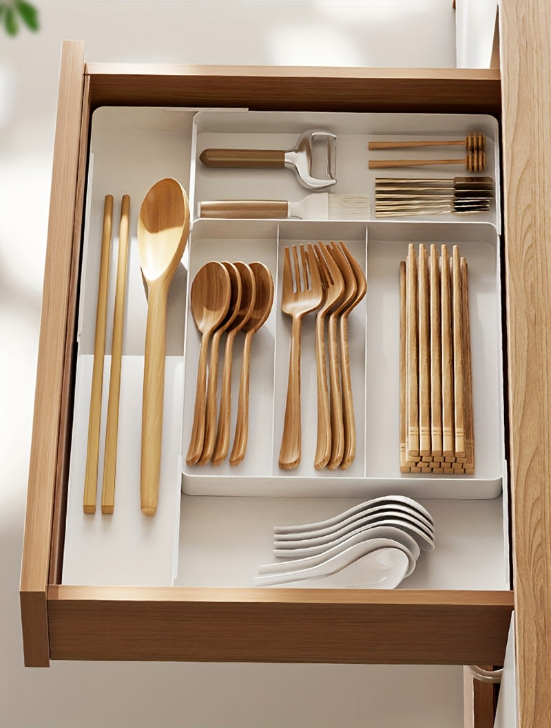 Expandable Kitchen Utensil Drawer Organizer Tray with Adjustable Dividers – Multiple Compartments for Forks, Spoons, Knives & Chopsticks, Durable Plastic, Extra Large 4-Direction Extension for Home Kitchen