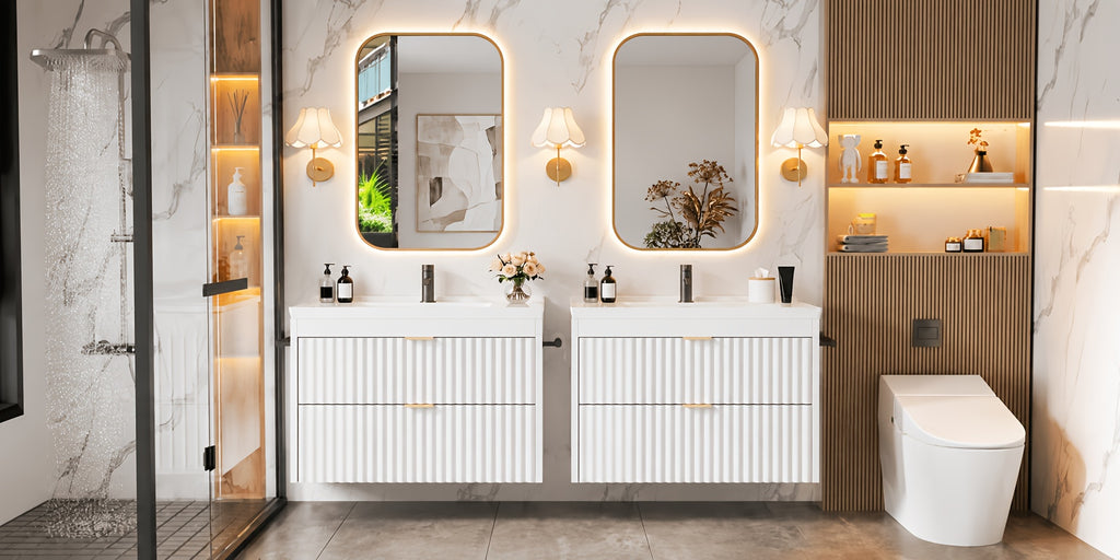 Floating Bathroom Vanity with Sink 24 Inch LED Light Wall Mounted 3-Hole Ceramic Basin Wave Line Design Soft Close Drawers for Small Spaces Black White