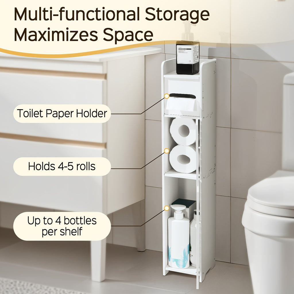 Slim Bathroom Storage Cabinet PVC Organizer with Toilet Paper Holder for Tight Spaces Bathroom Bedroom Living Room Easy Assemble Compact White