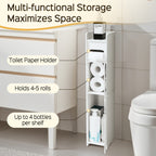 Slim Bathroom Storage Cabinet PVC Organizer with Toilet Paper Holder for Tight Spaces Bathroom Bedroom Living Room Easy Assemble Compact White