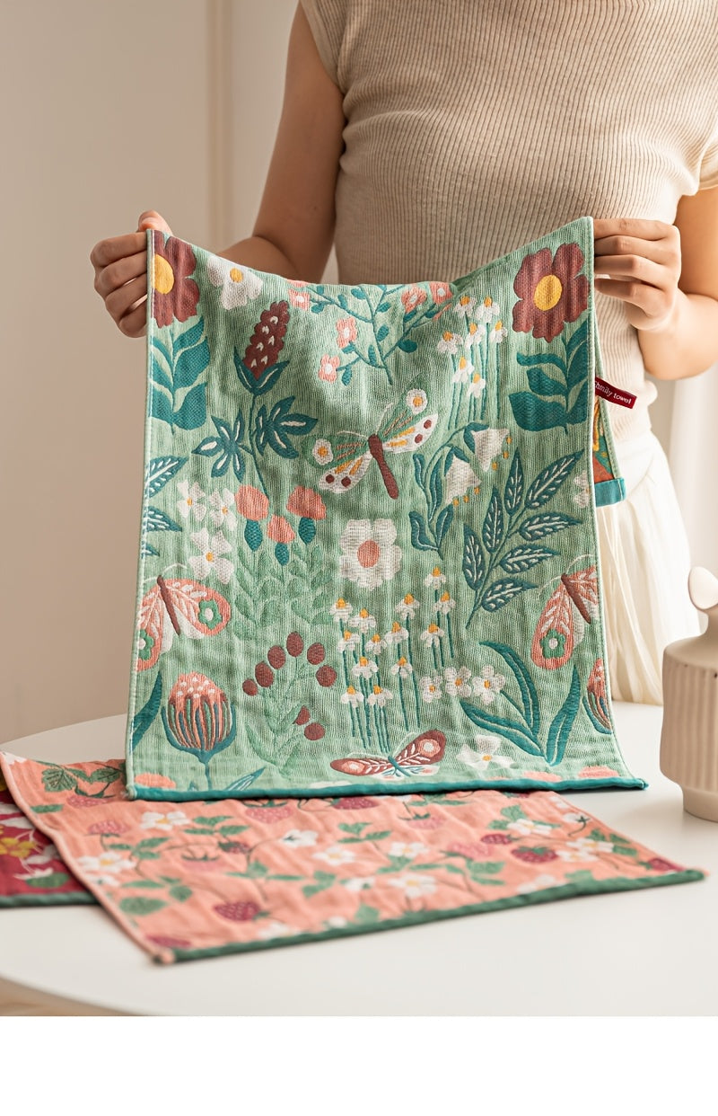 Four-Layer Gauze Jacquard Hand Towel & Kitchen Towel Set Thickened Soft Absorbent Quick Dry - Floral Pastoral Style Multi-Function 4 Designs | Nuvia Haven