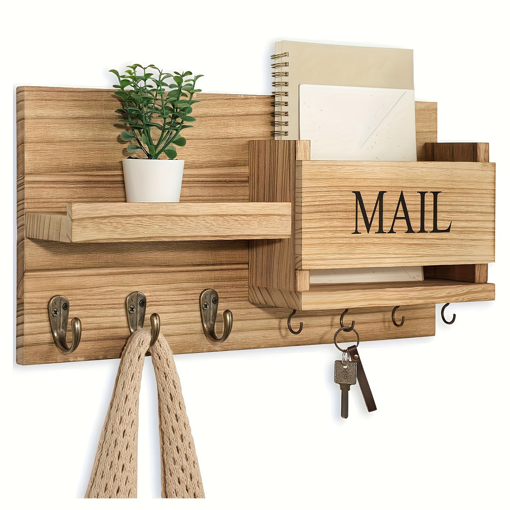 Solid Wood Wall-Mounted Storage Rack with Mailbox Slot, Door Handle & Decorative Hooks – Multifunctional Entryway Organizer for Keys, Hats & Books, Space-Saving Wall Shelf for Bedroom, Bathroom & Living Room