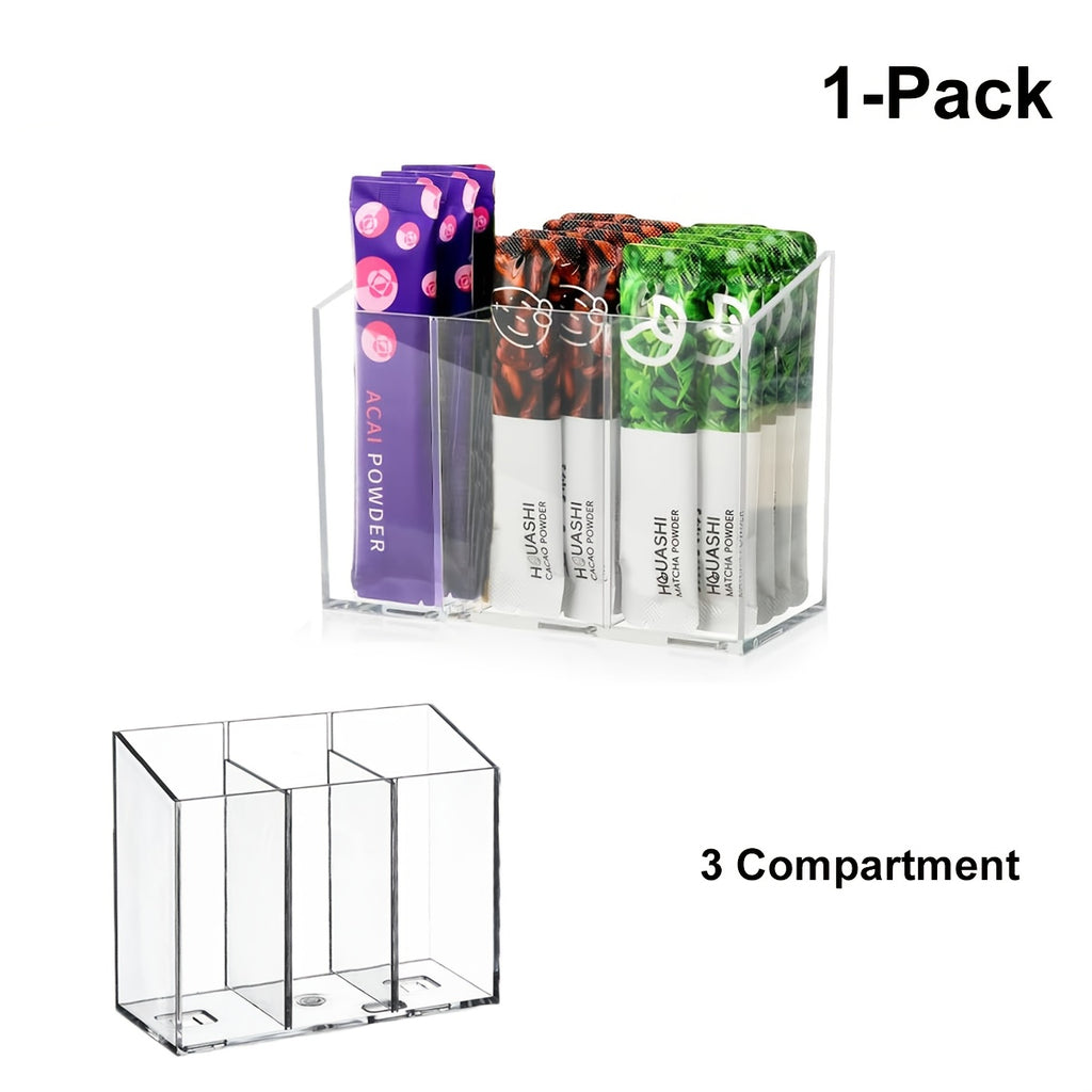 Clear Drink Packet Organizer with Removable Sections & Adjustable Dividers – Transparent Space-Saving Storage for Flavor Packets, Kitchen & Office (3 or 4 Compartments)