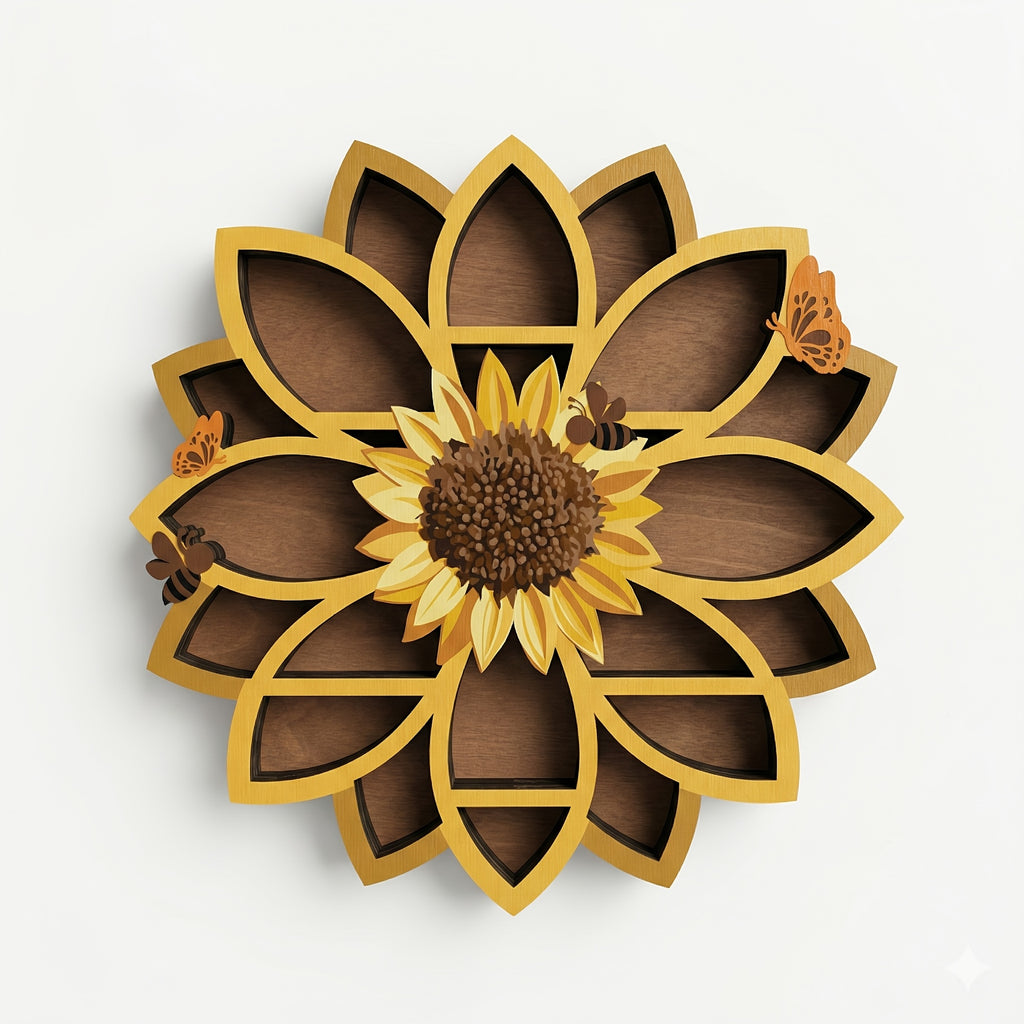 Wooden Sunflower Floating Shelf Wall-Mounted UV Printed Spiritual Decor – Crystal & Essential Oil Organizer, Meditation Room Wall Art, Living Room Storage Shelf