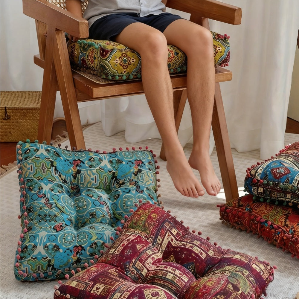 Moroccan Boho Meditation Floor Cushion Pad Thick Soft 100 Percent Linen Cover Bohemian Style for Living Room Bedroom Dining Room Office