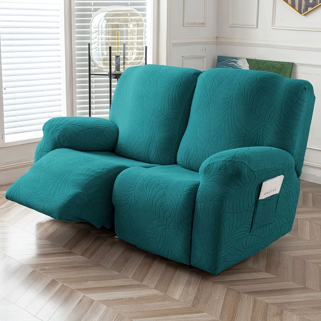 Jacquard Stretch Recliner Sofa Cover – Big Leaves Pattern, 1/2/3 Seater & Loveseat with Console, Winter Insulation Soft Washable, 6 Colors