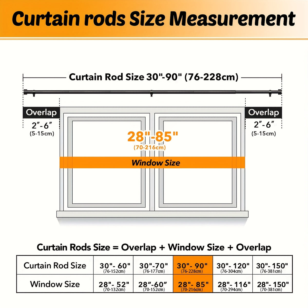 Curtain Rod Heavy Duty Adjustable 1 Inch Black Metal - Modern Industrial Drapery Rod for Living Room Bedroom Kitchen Outdoor Patio, Supports 33 lbs Multiple Sizes 30-60 to 30-150 Inch