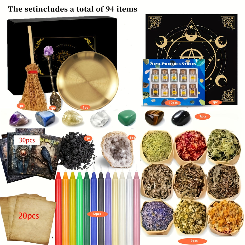 Witchcraft Supplies Kit for Spells – 94 / 130pcs Witch Box with Pink Candles, Wiccan Tools & Beginner Pagan Ritual Set | Halloween