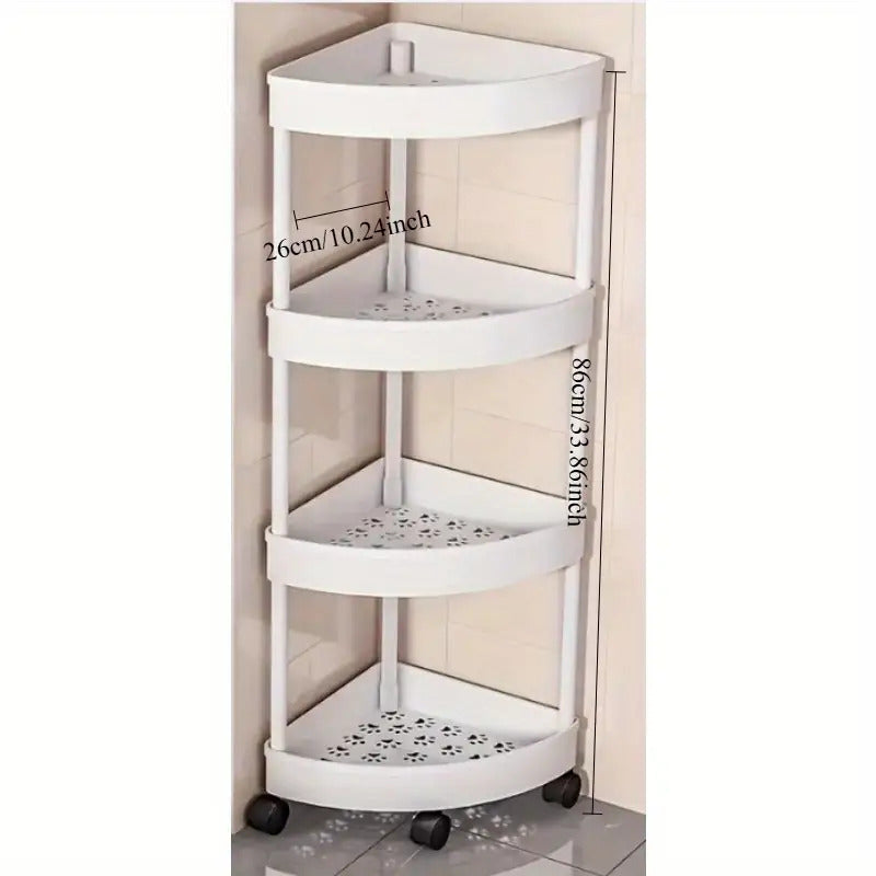 Rotating Corner Shelf for Bathroom – Fan-Shaped 3-Tier 90° Space-Saving Storage Rack with Hollow Drainage | Thickened Plastic Corner Organizer for Kitchen, Bedroom & Living Room | White & Black