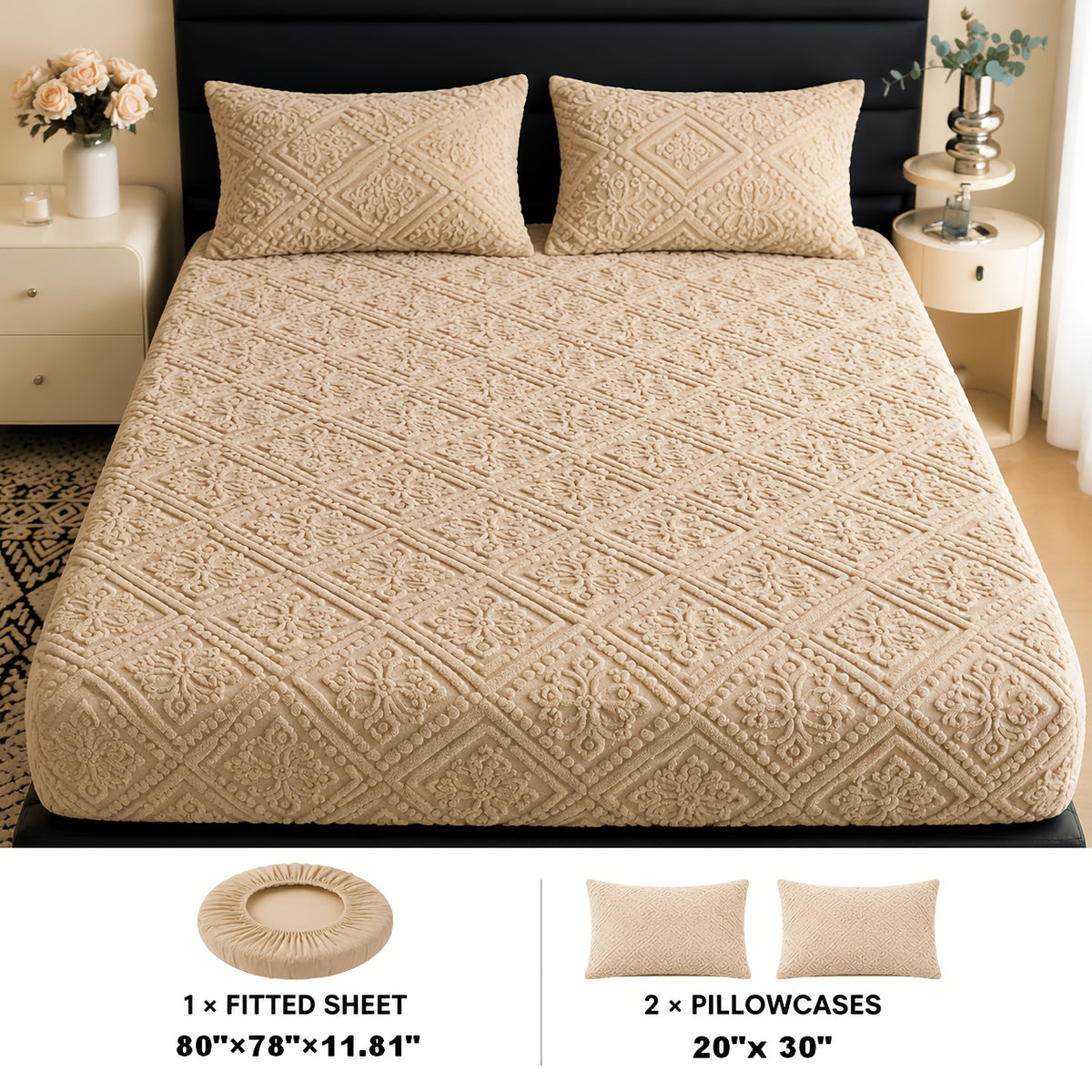Embossed Fitted Sheet Set Super Soft Deep Pocket - European Texture Bed Sheets All Season, Machine Washable, Optional Pillowcases, Twin Full Queen King Sizes, 5 Colors Bedroom Bedding