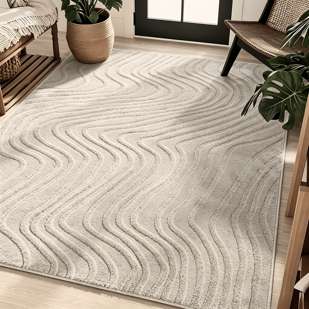 Soft Fluffy Arch Pattern Area Rug – Non-Slip Washable High-Low Pile Geometric Carpet for Living Room, Bedroom & Dining Room, Beige, Multiple Sizes
