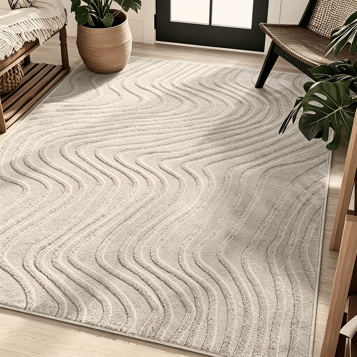 Soft Fluffy Arch Pattern Area Rug – Non-Slip Washable High-Low Pile Geometric Carpet for Living Room, Bedroom & Dining Room, Beige, Multiple Sizes