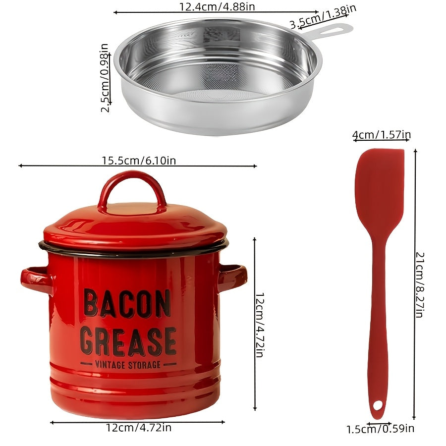 Enamel Bacon Grease Container with Stainless Steel Filter & Spoon - Rustic Kitchen Fat Storage Jar, Dishwasher Safe, Ideal for Halloween Thanksgiving Christmas, Red Blue White