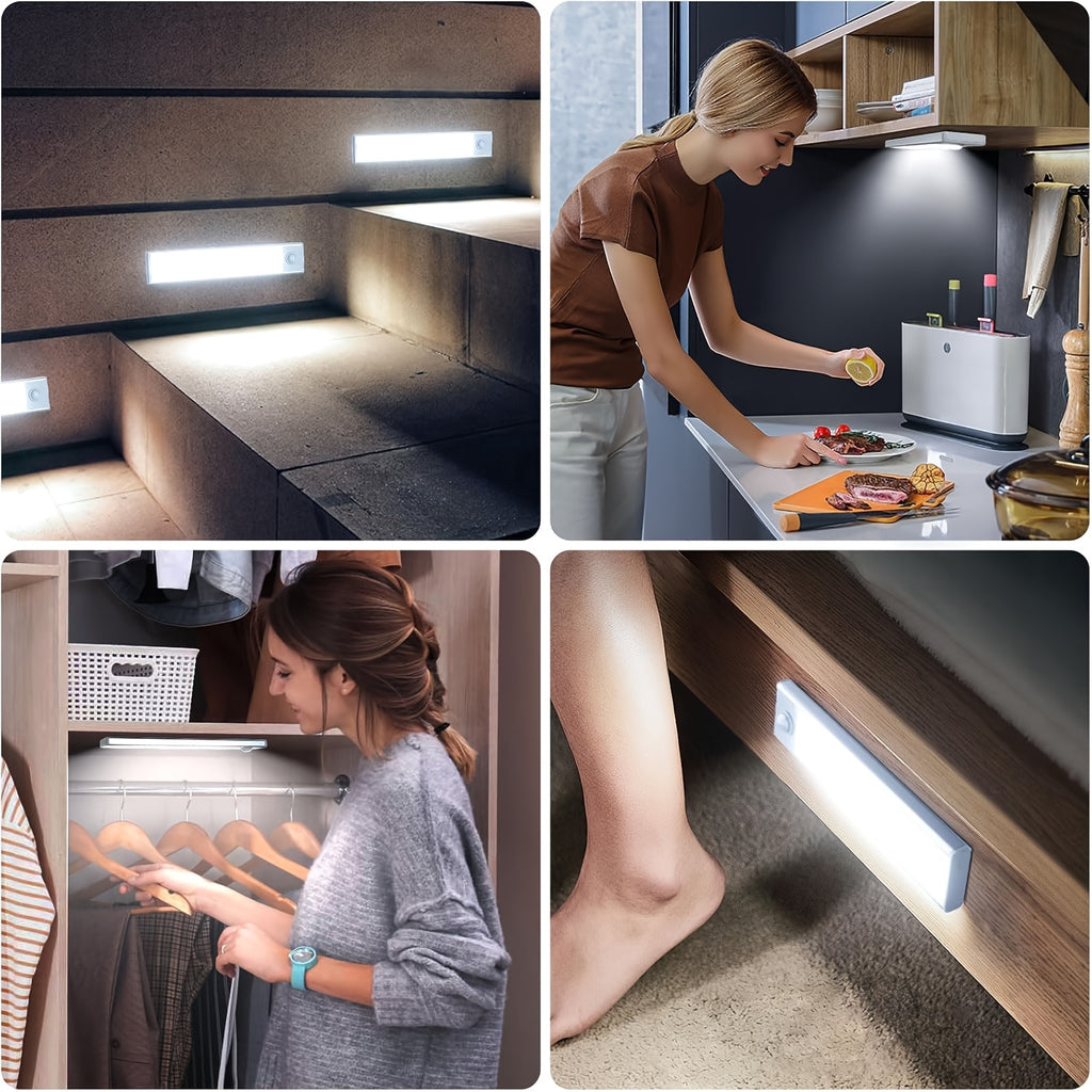 LED Motion Sensor Cabinet Lights 6-Pack, USB Rechargeable Magnetic Indoor Night Light Strips for Stairs, Shelves & Closets – 3.94in / 7.87in / 11.81in