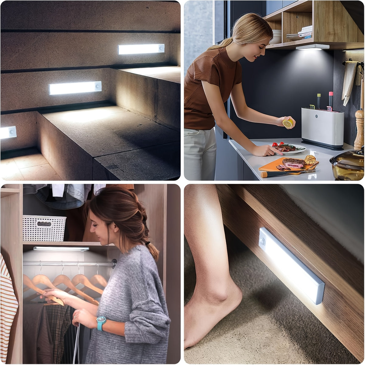 LED Motion Sensor Cabinet Lights 6-Pack, USB Rechargeable Magnetic Indoor Night Light Strips for Stairs, Shelves & Closets – 3.94in / 7.87in / 11.81in