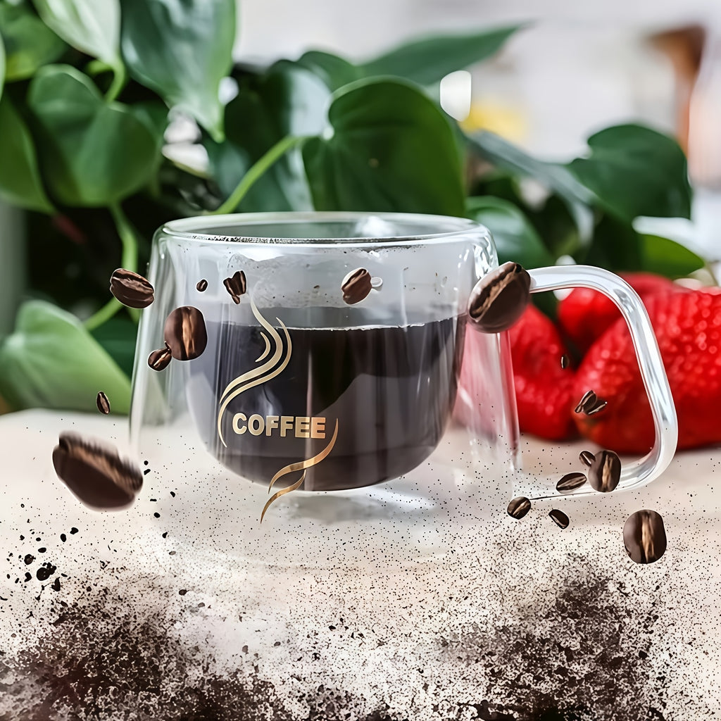 Double Wall Insulated Glass Coffee Cups Set of 4 with Golden Spoons | Transparent Hot Cold Drinkware for Home Office Coffee Shop