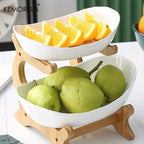 Tiered Fruit Basket Bowl 2-3 Layer Bamboo Wood Stand Kitchen Counter Serving Tray Snack Candy Plate with Fork European Style