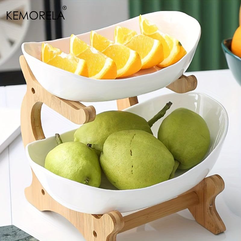 Tiered Fruit Basket Bowl 2-3 Layer Bamboo Wood Stand Kitchen Counter Serving Tray Snack Candy Plate with Fork European Style