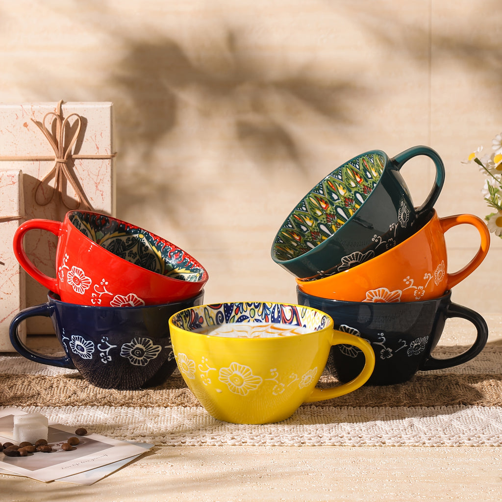 Bohemian Ceramic Breakfast Mugs Set of 6 – 15oz Large Coffee Mugs Microwave Safe for Hot & Cold Drinks – Holiday Gift for Halloween Thanksgiving Christmas