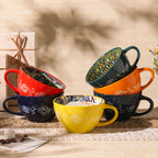 Bohemian Ceramic Breakfast Mugs Set of 6 – 15oz Large Coffee Mugs Microwave Safe for Hot & Cold Drinks – Holiday Gift for Halloween Thanksgiving Christmas