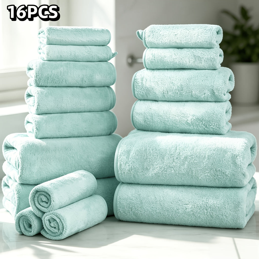 16-Piece Ultra-Soft Coral Fleece Bath Towel Set – 4 Bath Towels, 6 Hand Towels & 6 Washcloths | Quick-Dry, Highly Absorbent | Home, Hotel & Spa
