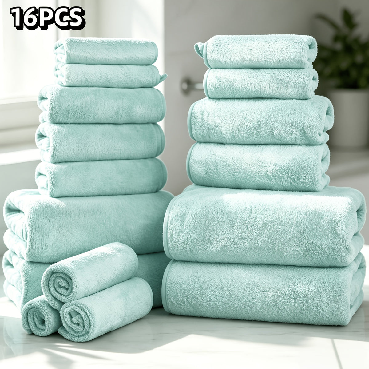 16-Piece Ultra-Soft Coral Fleece Bath Towel Set – 4 Bath Towels, 6 Hand Towels & 6 Washcloths | Quick-Dry, Highly Absorbent | Home, Hotel & Spa
