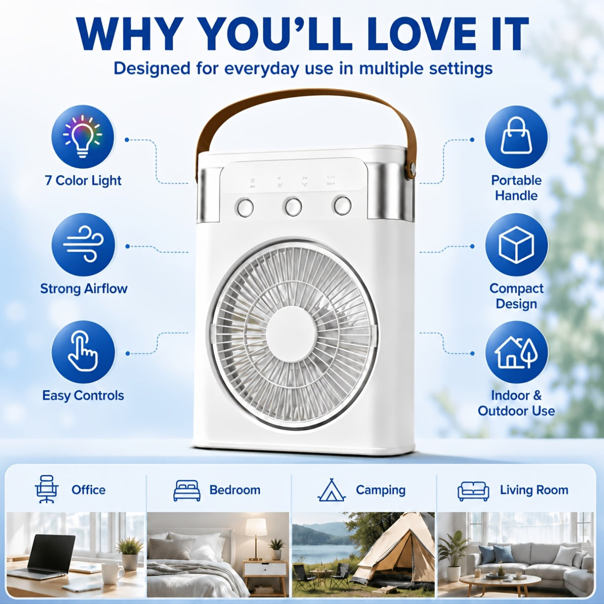 Portable USB Mist Fan 3700mAh Rechargeable with 3 Wind Speeds 2 Mist Modes 7-Color LED Mood Light & Timer for Bedroom Office Dorm Camping Summer Cooling