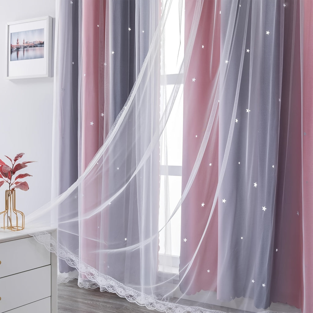 Double Layer Sheer & Blackout Curtains – Elegant Romantic Window Panels for Living Room & Bedroom, Heat Insulation, Pink Yellow Blue | W34–W51 x H63–H84 in | Nuvia Haven