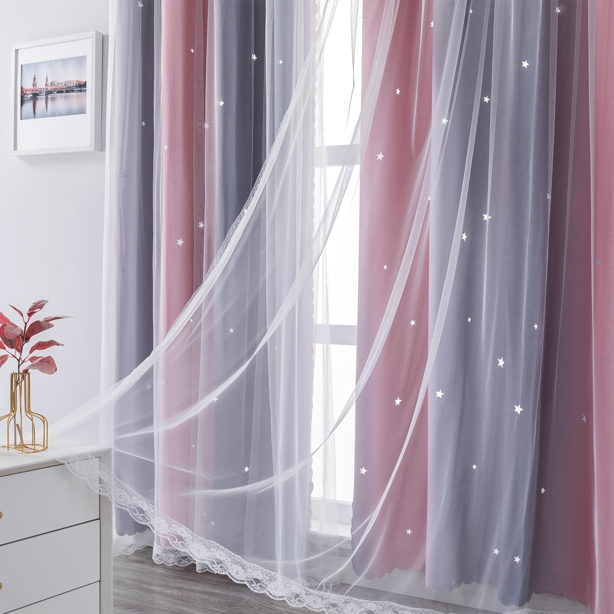 Double Layer Sheer & Blackout Curtains – Elegant Romantic Window Panels for Living Room & Bedroom, Heat Insulation, Pink Yellow Blue | W34–W51 x H63–H84 in | Nuvia Haven