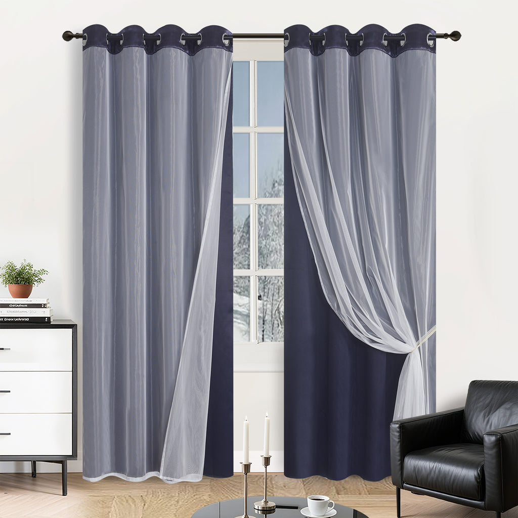 Double Layer Curtains Snowflake Embroidered Sheer Voile + Room Darkening Grommet Drapes – Thermal Insulated Tiebacks Included | 7 Colors Pack of 2