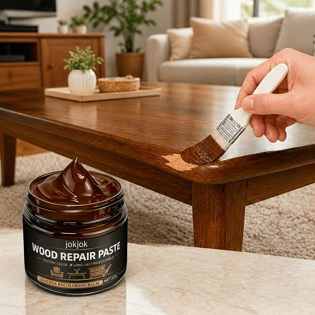 Wood Repair Paste for Furniture – Brown Scratch & Crack Filler for Doors, Cabinets, Tables, Floors & Chairs with Applicator Brush