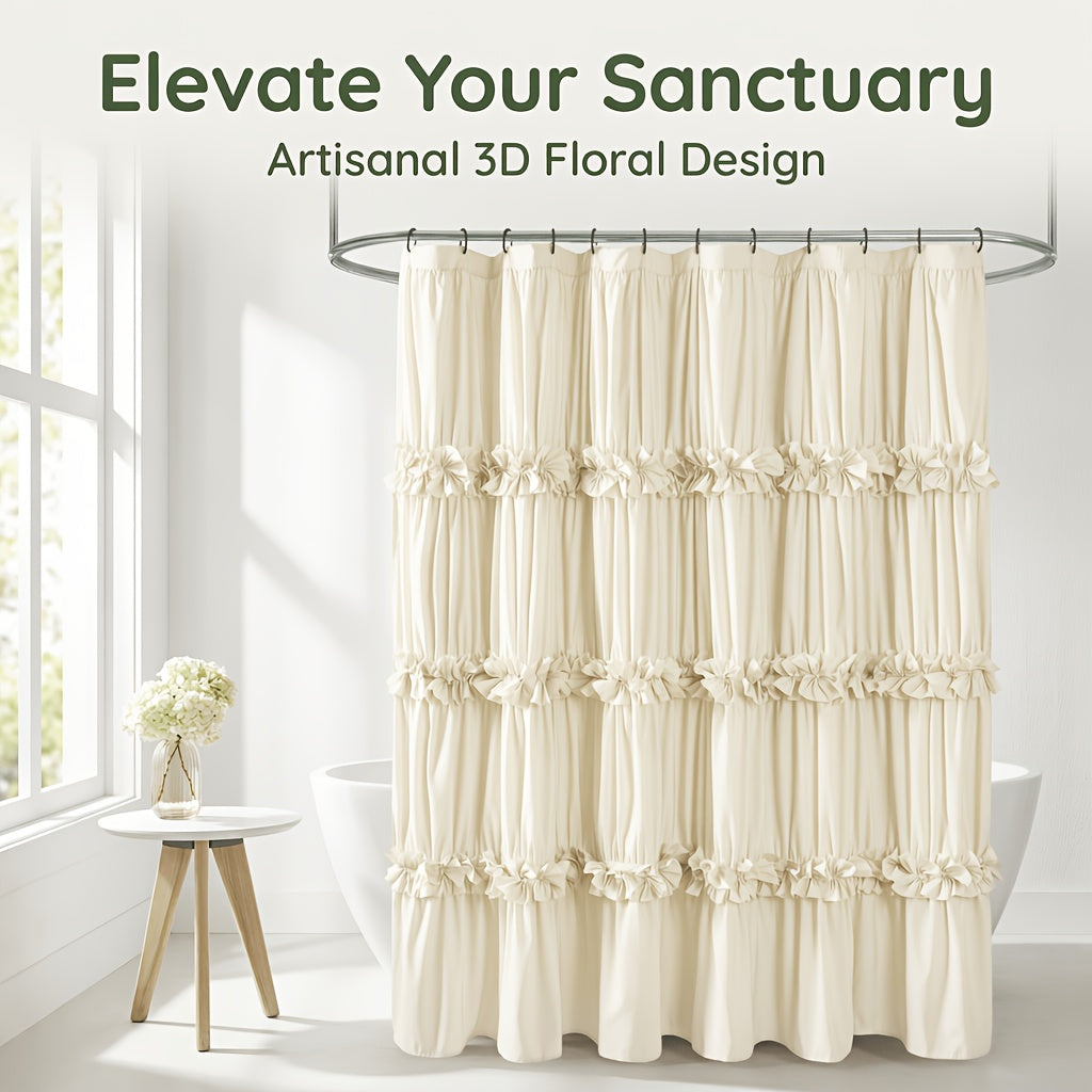 Bow Tie Ruffle Shower Curtain Vintage Handcrafted - Waterfall Ruched Fabric Bath Curtain with Hooks, Quick Dry Machine Washable, Farmhouse Romantic Decor, Multiple Sizes & Colors