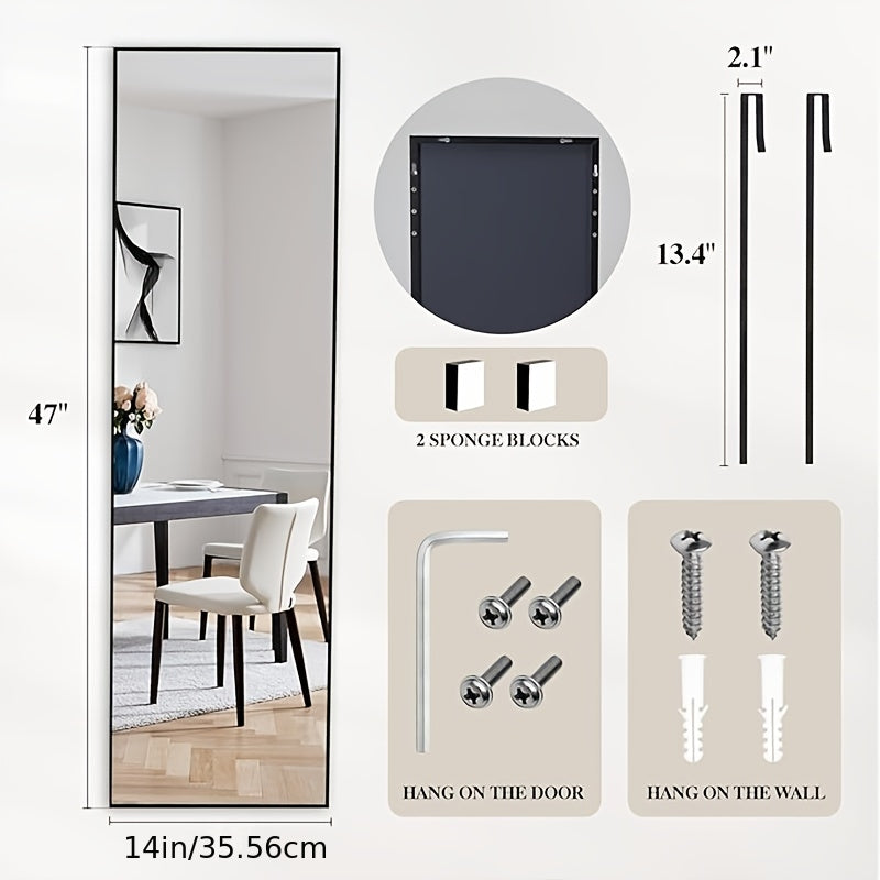 Full Length Mirror Over Door or Wall Mounted 47x14 Inch – Vertical Hanging Full Body Dressing Mirror with Aluminum Alloy Frame, Space-Saving Design for Bedroom, Living Room & Entryway
