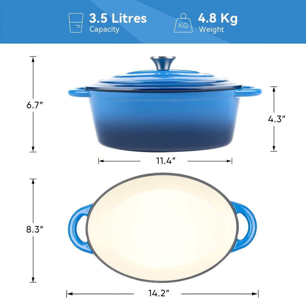 4.5 Qt Cast Iron Dutch Oven with Enamel Coating – Oval Casserole Pot with Lid for Bread Baking, Slow Cooking & Roasting, Works on All Stovetops
