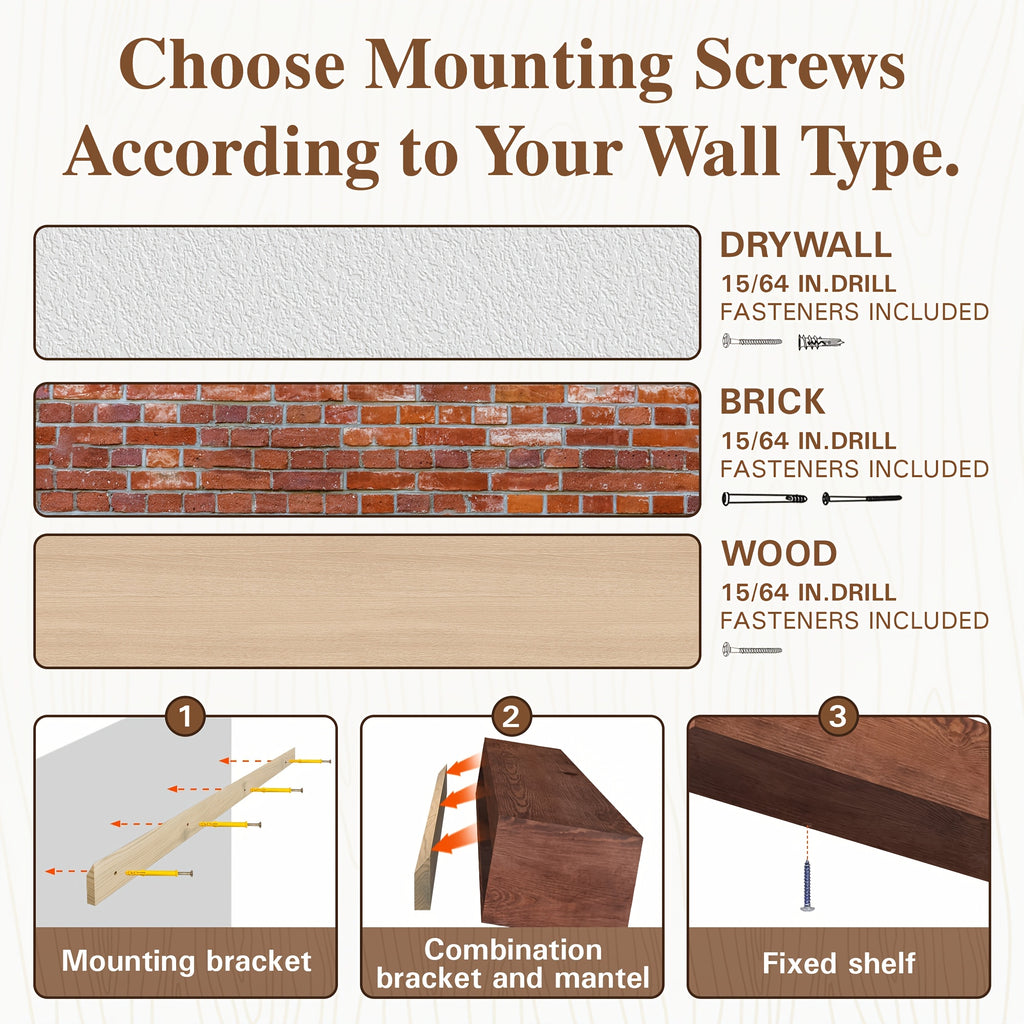 Wood Fireplace Mantel Floating Shelf – Heavy Duty Invisible Bracket | Wall Mounted Mantel for Over Fireplace | 5 Colors, 2 Lengths