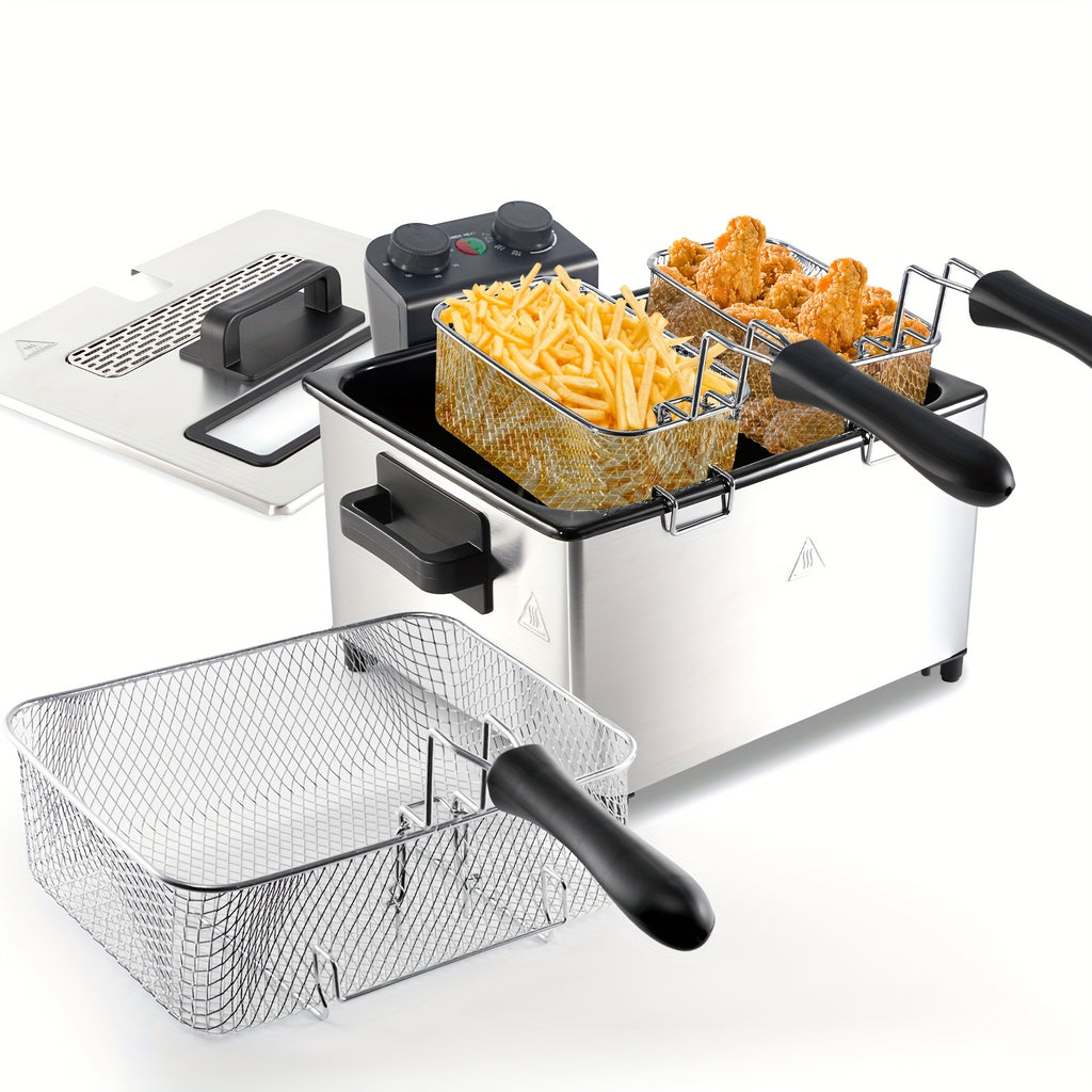 1700W Large Electric Deep Fryer with Time & Temperature Control Stainless Steel View Window Lid Frying Basket 101oz & 1.32 Gallon
