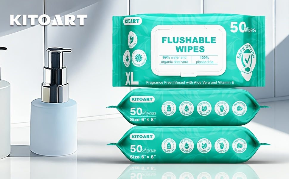 XL Flushable Adult Wet Wipes Unscented Alcohol-Free Septic and Sewer Safe Family Size 3-Pack 150 Wipes and 6-Pack 300 Wipes for Home Bathroom Travel Camping Outdoor Hygiene