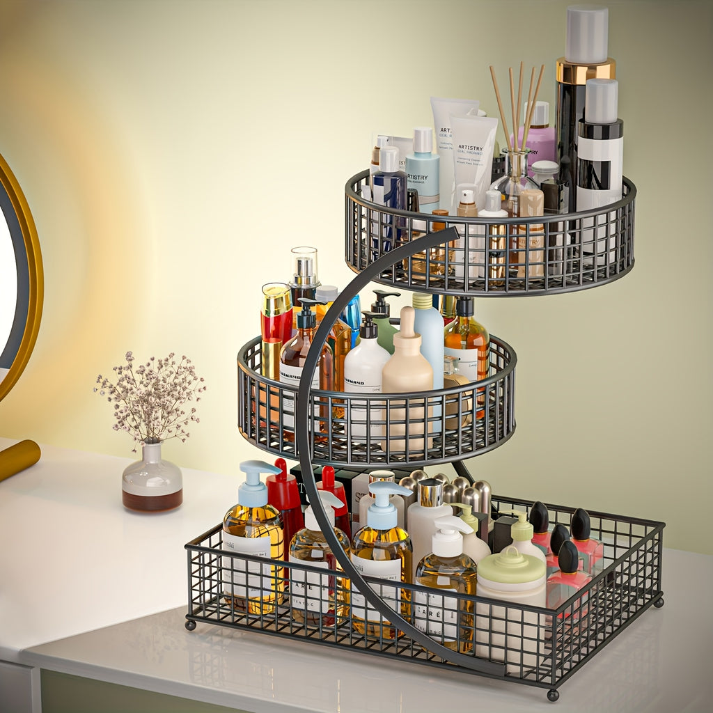 3-Tier Metal Makeup & Cosmetic Storage Rack, No-Install Countertop Organizer for Vanity, Dressing Table & Bathroom — Modern Tabletop Display Shelf, White & Dark