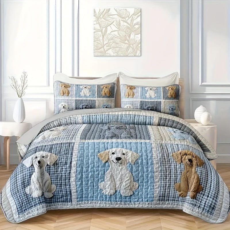 Quilted Bed Cover Set 3 Piece Patchwork Dog Print Quilt with 2 Pillowcases Ultra Soft All-Season Comforter Set Twin Full Queen King