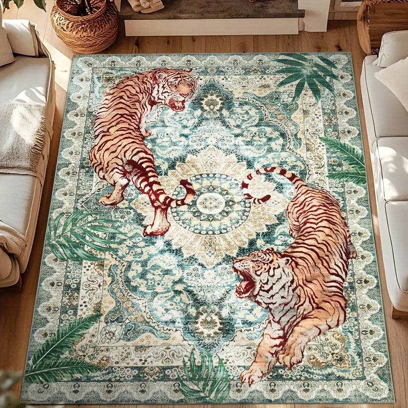 Tiger Jungle Area Rug – Washable Non-Slip Indoor Carpet for Living Room, Bedroom & Home Office | Red, Green, Beige | 5x7 to 9x12 ft | Nuvia Haven