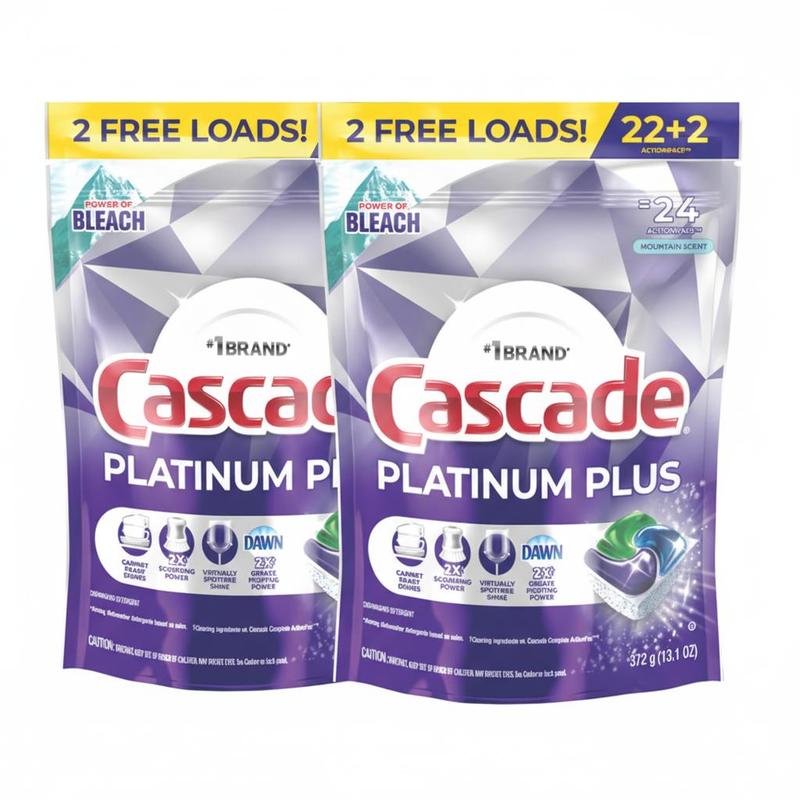 Cascade Platinum Plus ActionPacs Dishwasher Pods 2-Pack 48 Count Mountain Scent, Pre-Measured Dish Soap Pacs with Rinse Aid and Drying Agent for Spotless Clean Dishes