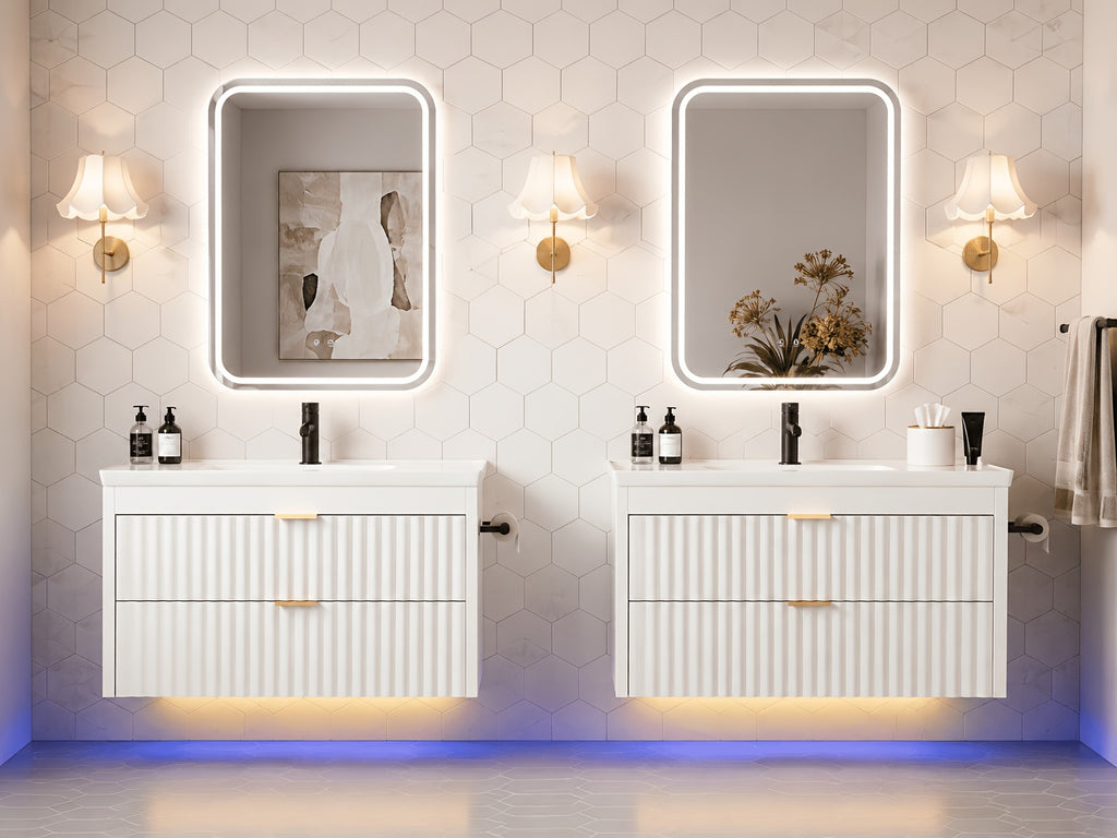 Floating Bathroom Vanity with Sink 24 Inch LED Light Wall Mounted 3-Hole Ceramic Basin Wave Line Design Soft Close Drawers for Small Spaces Black White