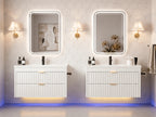 Floating Bathroom Vanity with Sink 24 Inch LED Light Wall Mounted 3-Hole Ceramic Basin Wave Line Design Soft Close Drawers for Small Spaces Black White