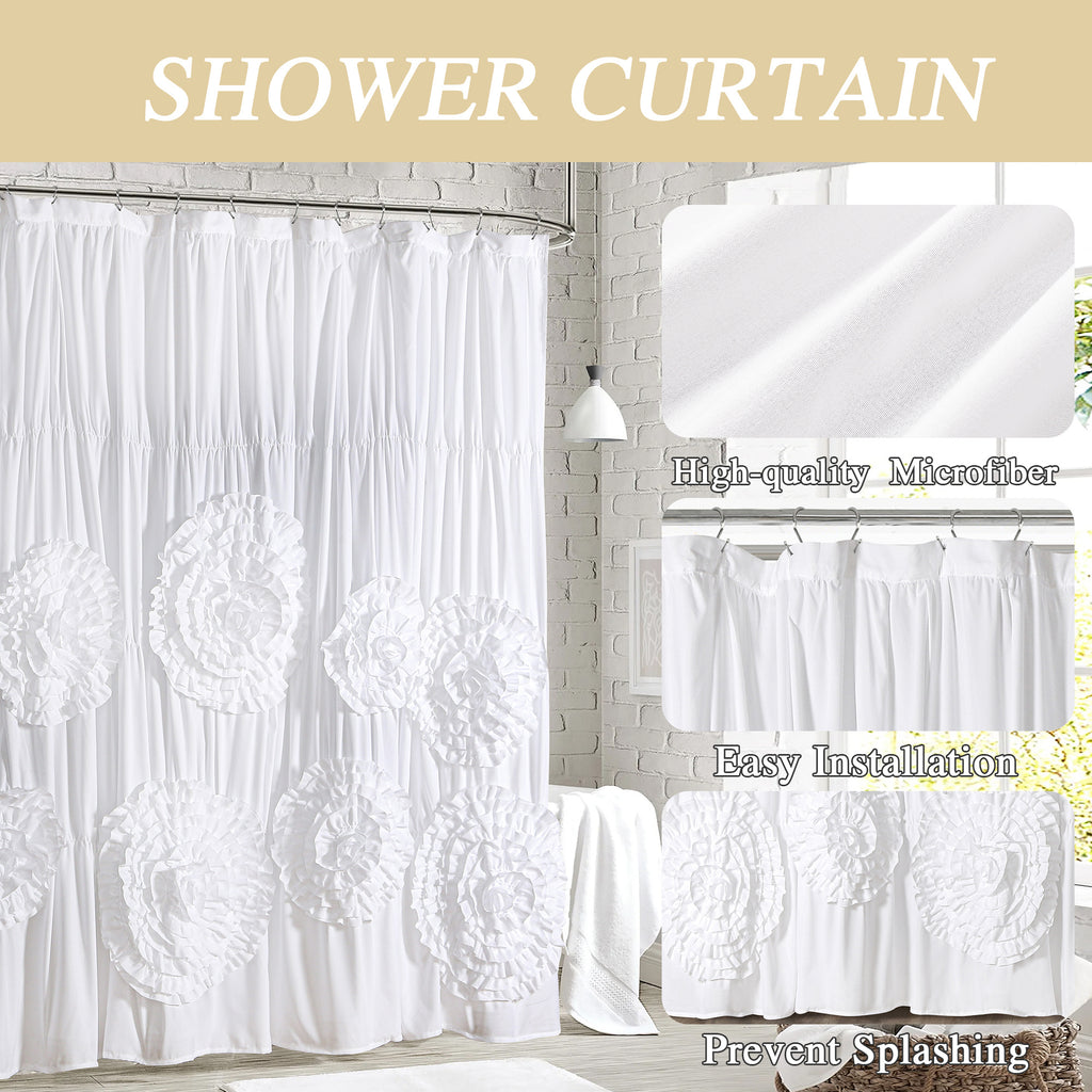 Ruffled Shower Curtain Farmhouse 72x72 - Handmade 3D Flower Vintage Ruched Fabric Bathroom Curtain, Victorian Romantic Luxury Decor, Black Pink Camel, Waterproof Microfiber 12 Holes